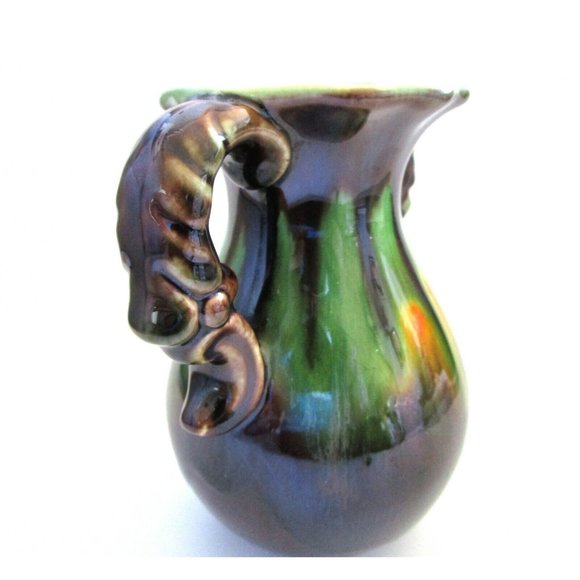 Studio Art Pottery Drip Glaze Vase Brown Green Yellow two handles signed 1110 12 - Picture 4 of 8